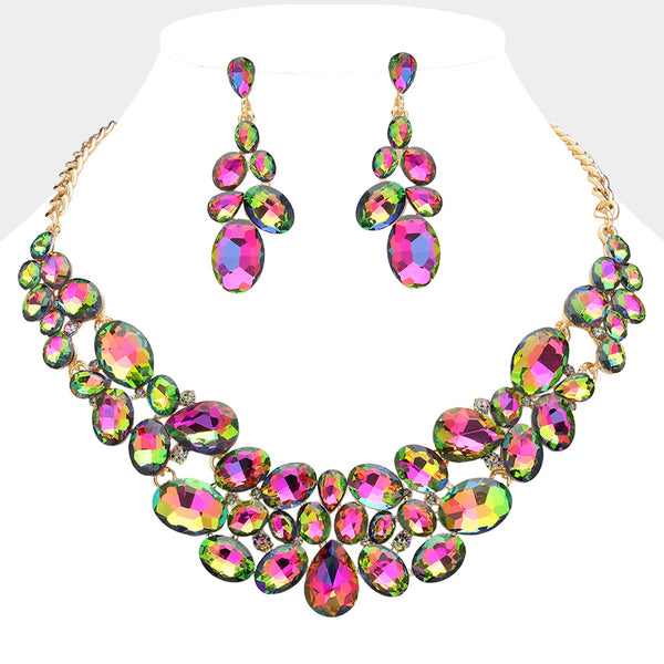 Multi-Color Multi Stone Bubble Cluster Prom Necklace Set | Evening 