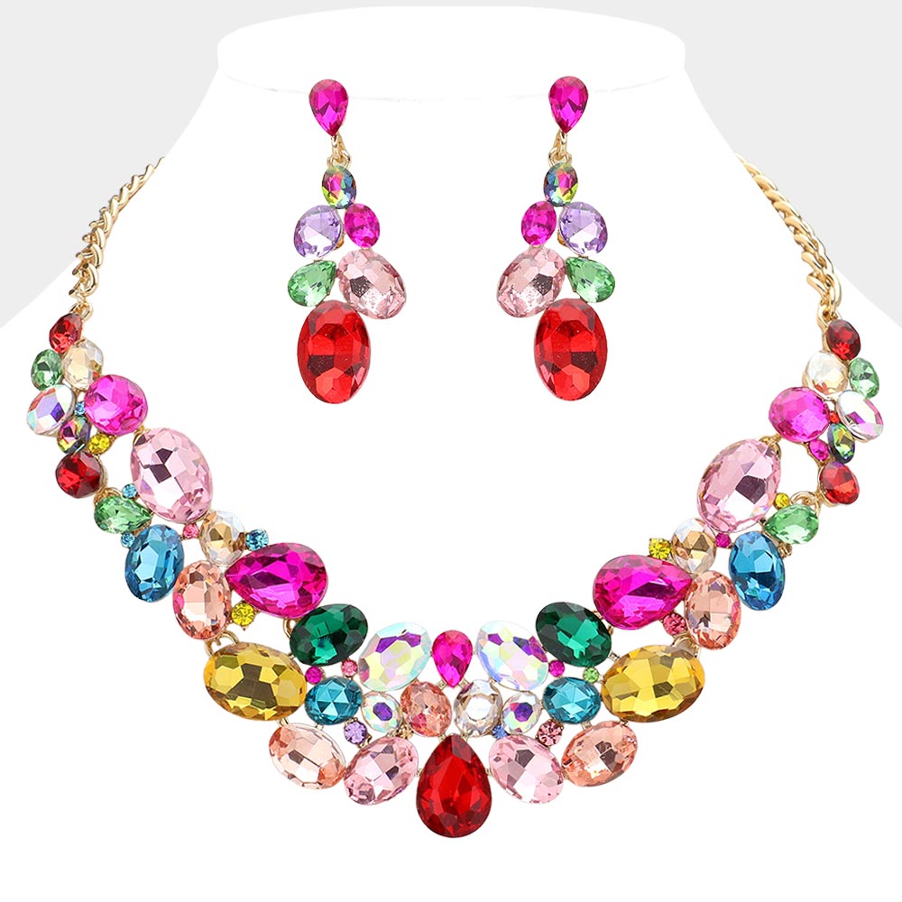 Multi-Color Multi Stone Bubble Cluster Prom Necklace Set on