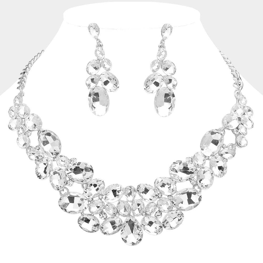 Clear Multi Stone Bubble Cluster Prom Necklace Set  | Evening Necklace with Earrings