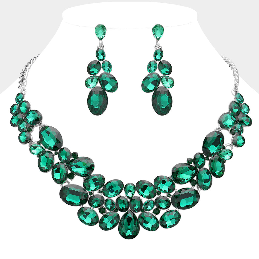 Emerald Multi Stone Bubble Cluster Prom Necklace Set  | Evening Necklace with Earrings