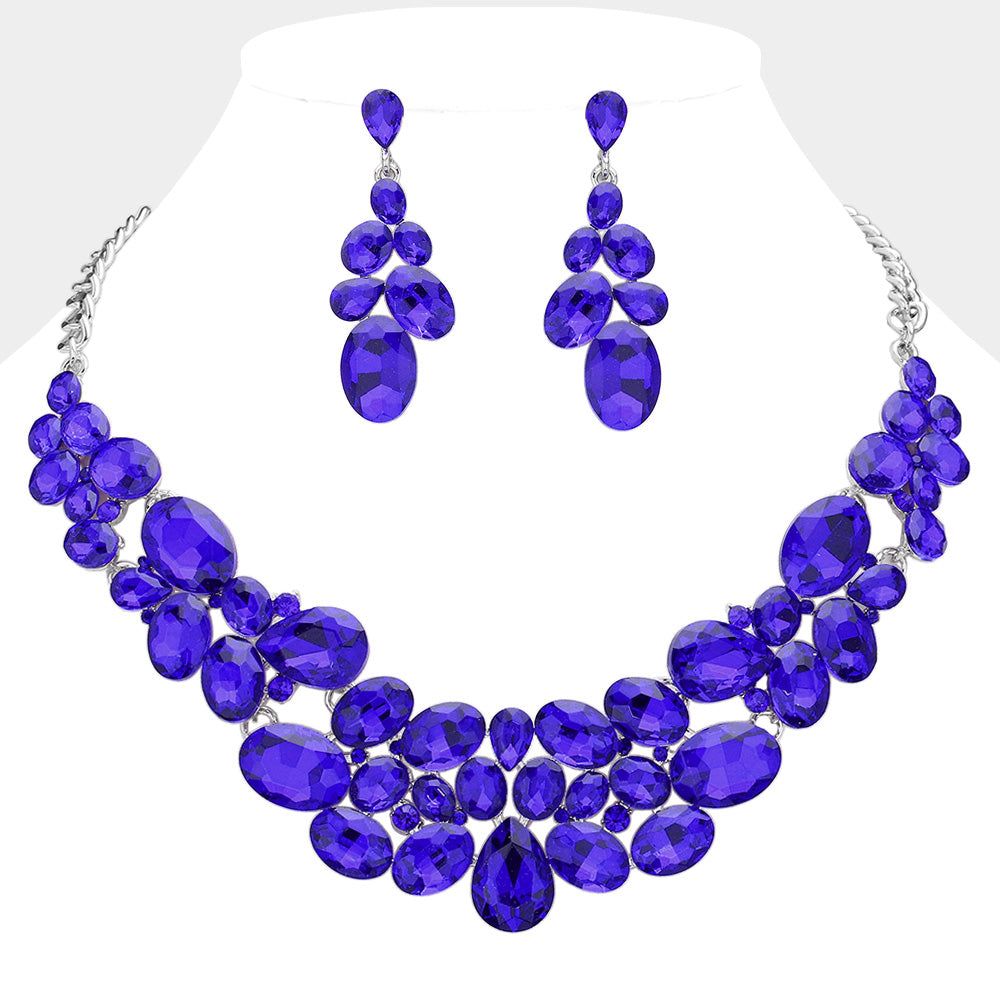 Sapphire Multi Stone Bubble Cluster Prom Necklace Set  | Evening Necklace with Earrings
