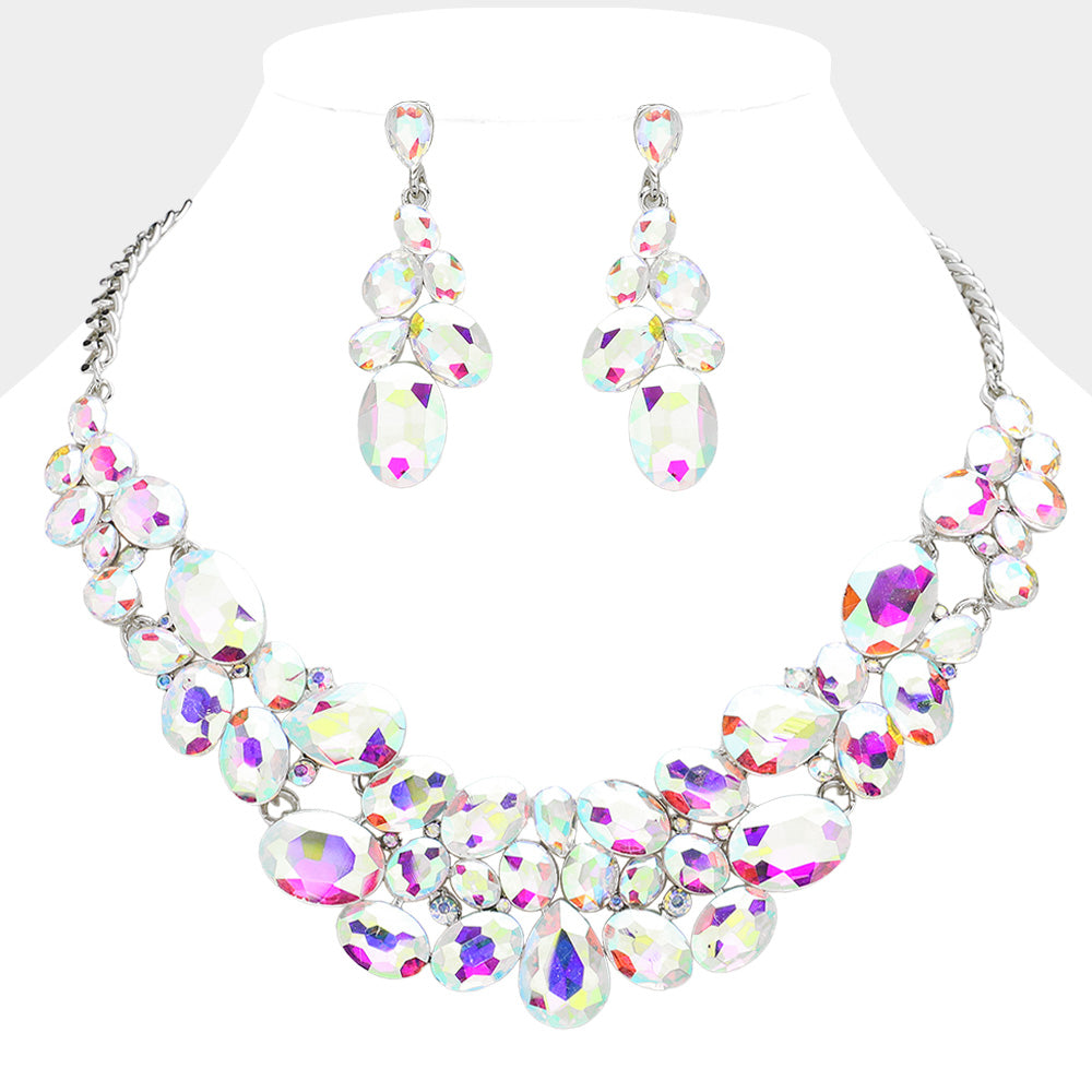 AB Multi Stone Bubble Cluster Prom Necklace Set  | Evening Necklace with Earrings