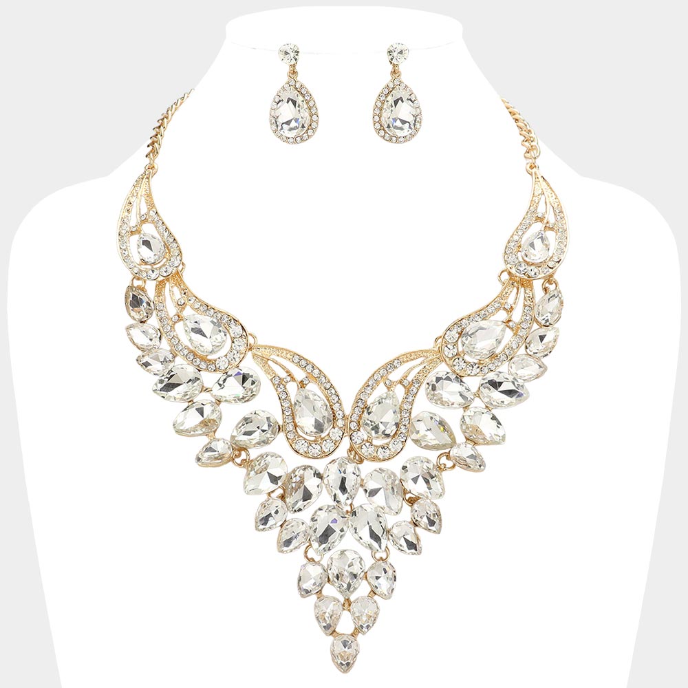 Clear Teardrop Stone Evening Necklace Set on Gold | Crystal Statement Necklace Set