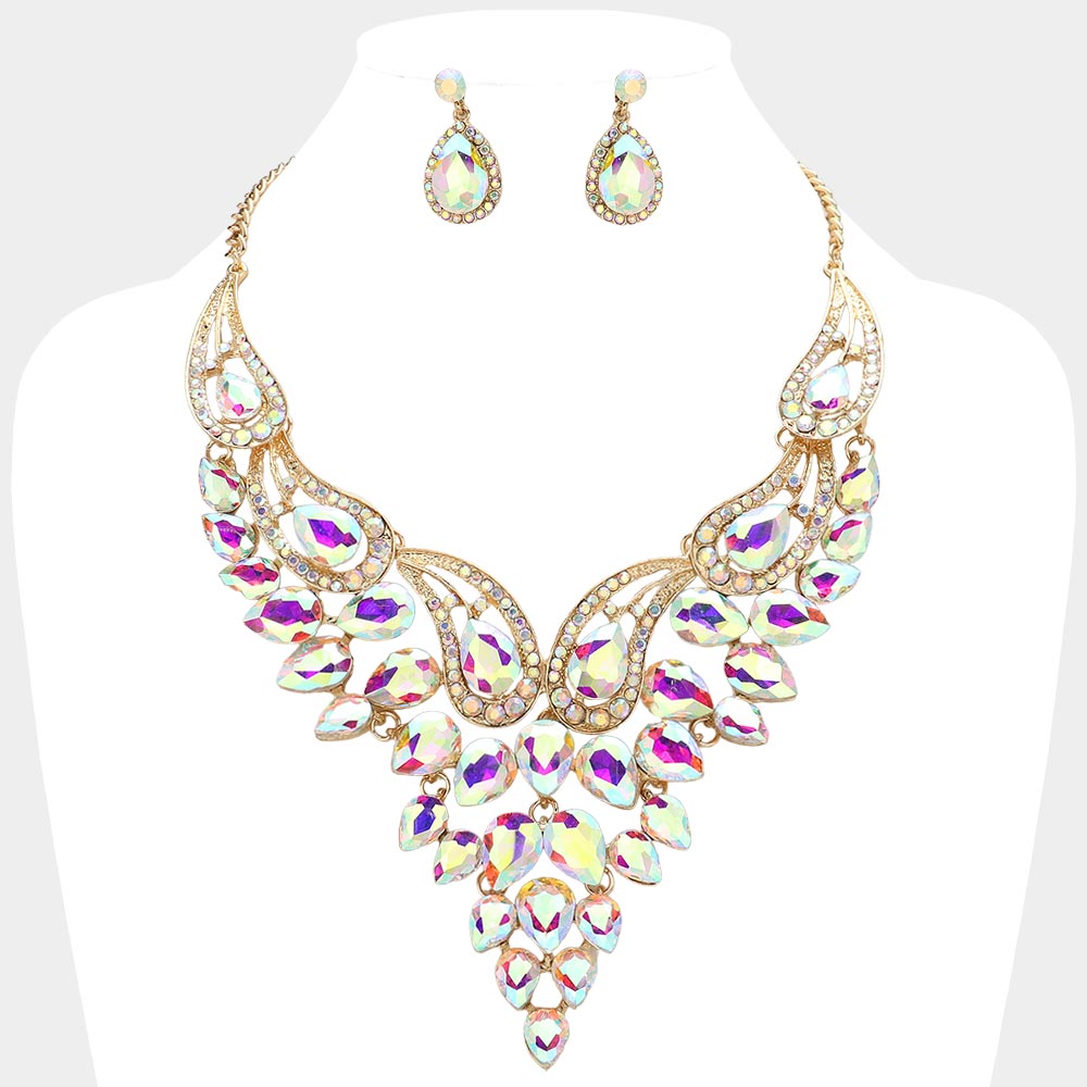 AB Teardrop Stone Evening Necklace Set on Gold  | Crystal Statement Necklace Set