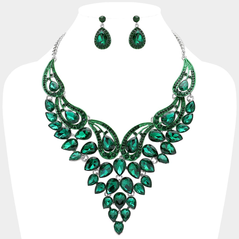 Emerald Teardrop Stone Evening Necklace Set   | Crystal Statement Necklace Set 