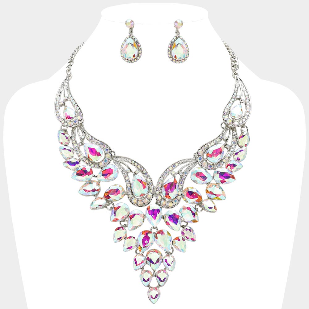 AB Teardrop Stone Evening Necklace Set   | Crystal Statement Necklace Set