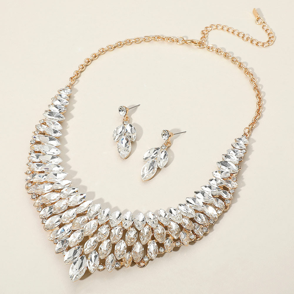 Clear Marquise Stone Embellished Collar Evening Necklace Set on Gold  | Crystal Necklace Set