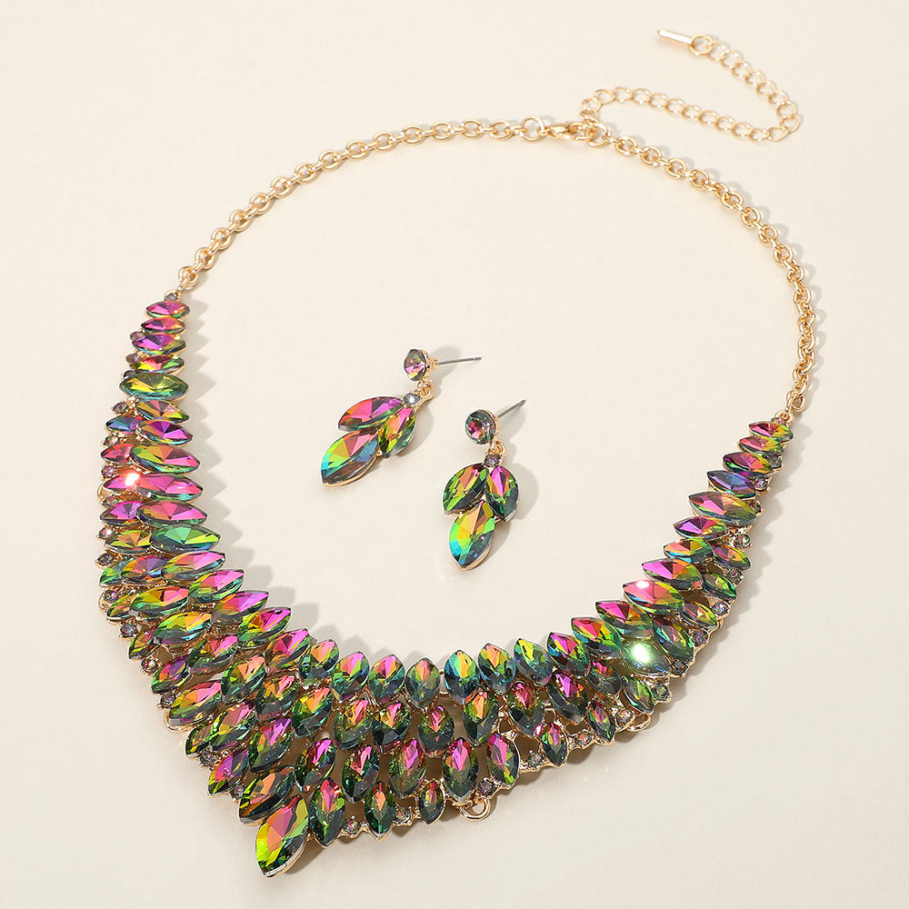 Multi-color Marquise Stone Embellished Collar Evening Necklace Set | Crystal Necklace Set