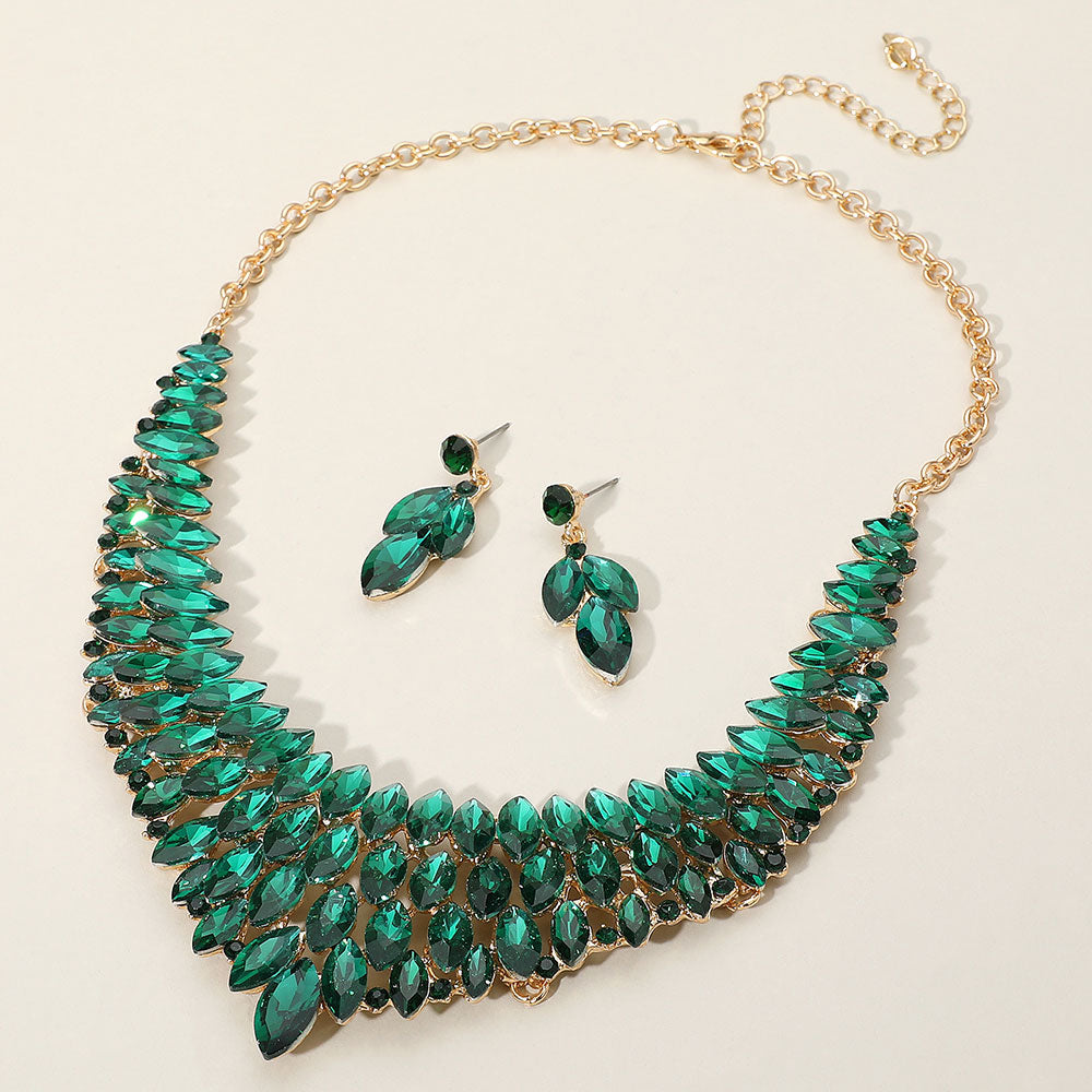 Green Marquise Stone Embellished Collar Evening Necklace Set | Crystal Necklace Set