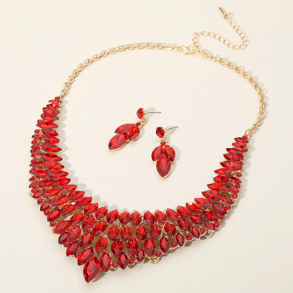 Red Marquise Stone Embellished Collar Evening Necklace Set | Crystal Necklace Set