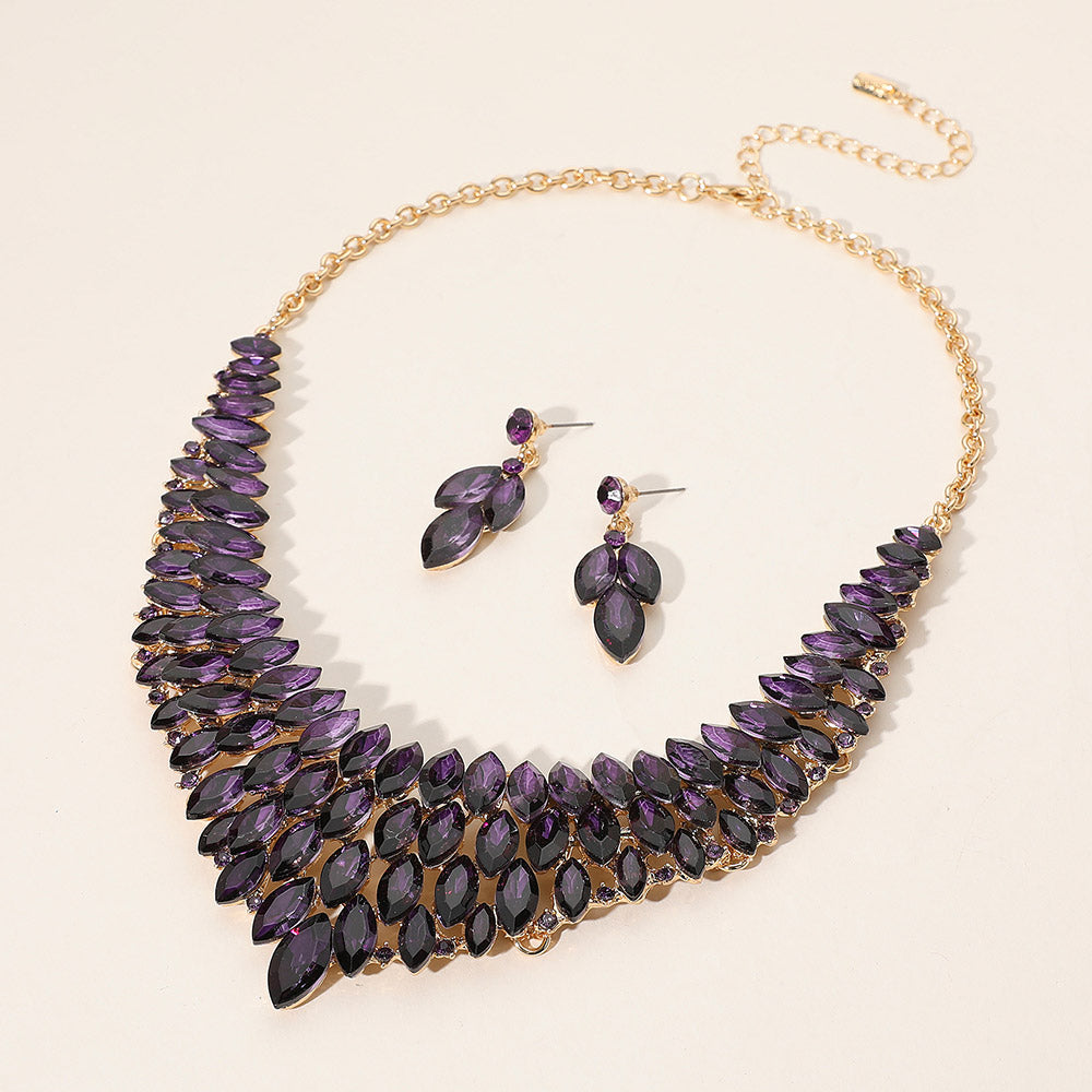 Purple Marquise Stone Embellished Collar Evening Necklace Set | Crystal Necklace Set