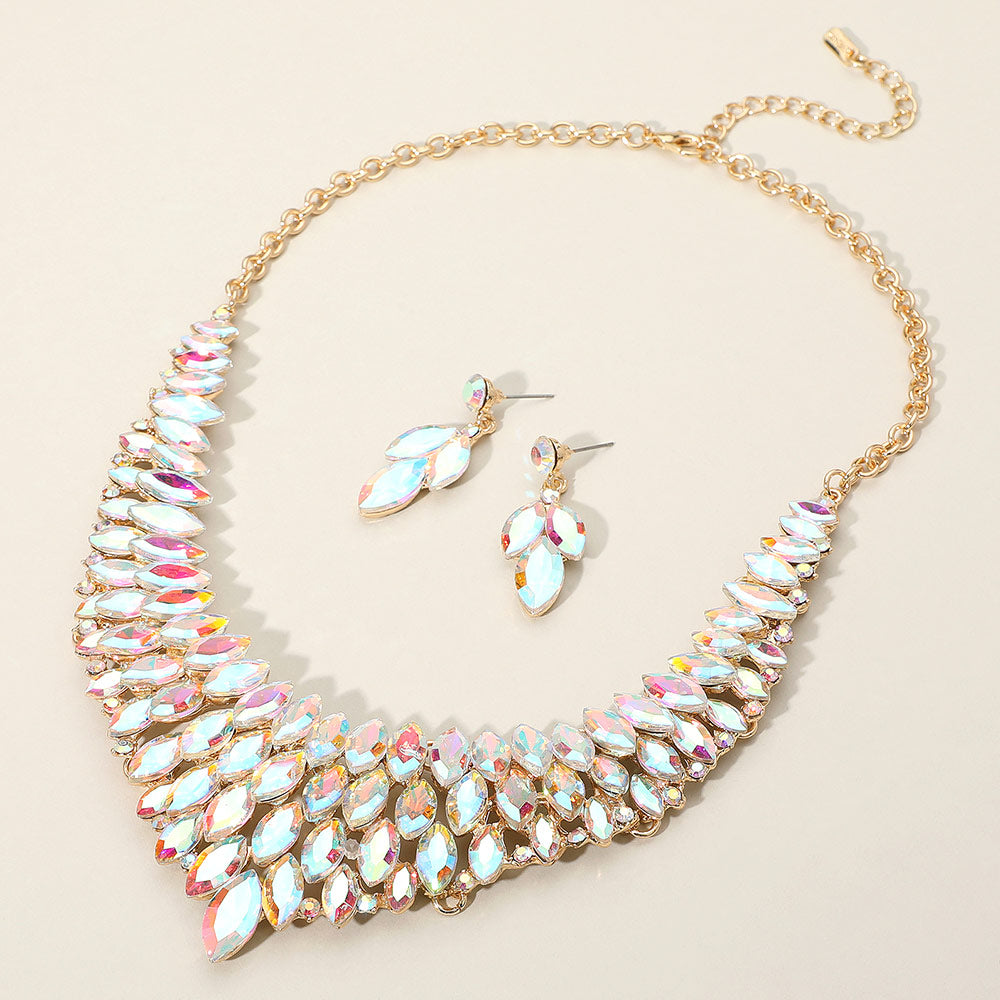 AB Marquise Stone Embellished Collar Evening Necklace Set on Gold | Crystal Necklace Set 