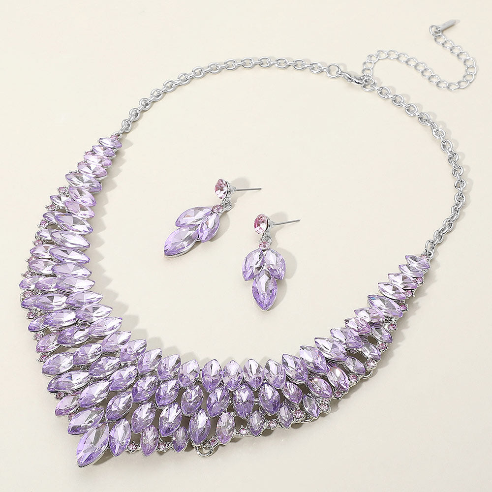 Lavender Marquise Stone Embellished Collar Evening Necklace Set | Crystal Necklace Set