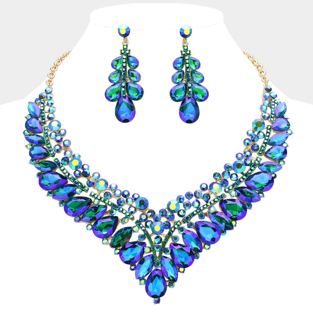 Blue AB Teardrop Marquise and Round Stone Evening Necklace Set | Crystal Statement Necklace Set