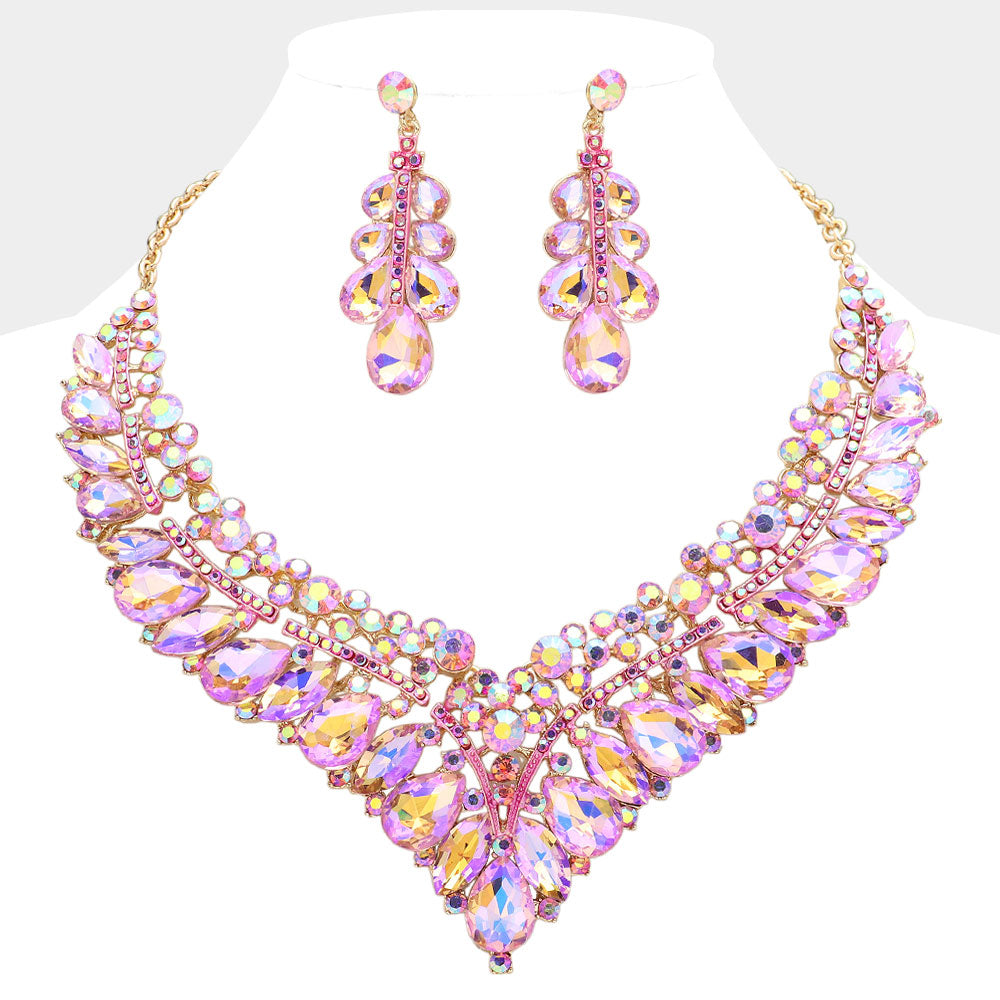Pink Teardrop Marquise and Round Stone Evening Necklace Set Crystal Statement Necklace Set L M Bling