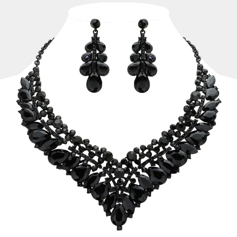Black Teardrop Marquise and Round Stone Evening Necklace Set   | Crystal Statement Necklace Set