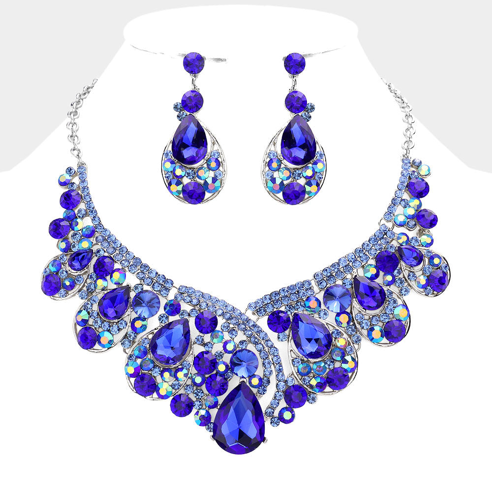 Sapphire Crystal Teardrop Pageant Necklace Set | Prom Necklace Set