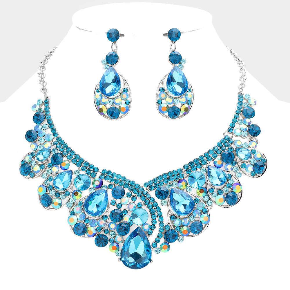 Aqua Crystal Teardrop Pageant Necklace Set | Prom Necklace Set