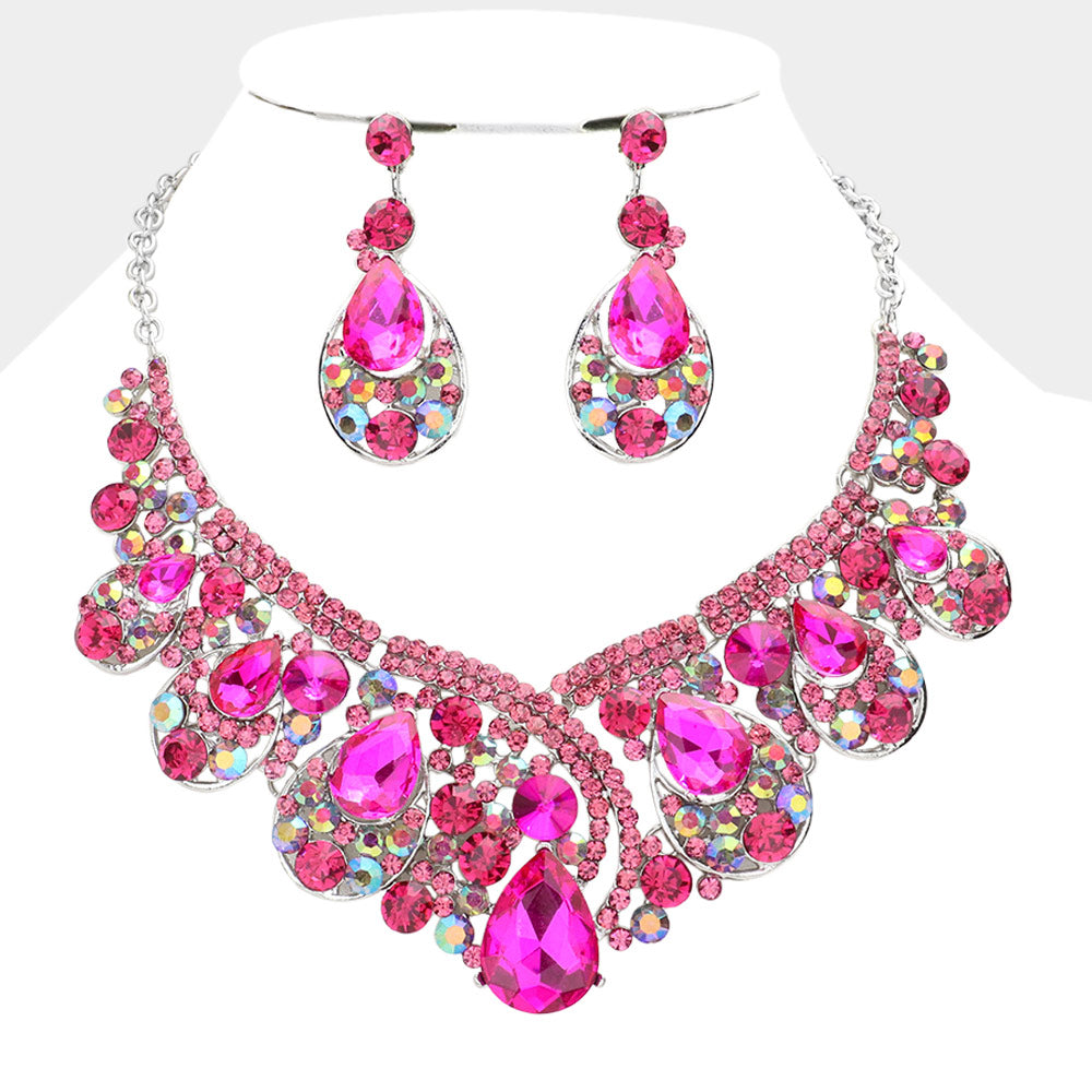 AB, Fuchsia Crystal Teardrop Pageant Necklace Set | Prom Necklace Set