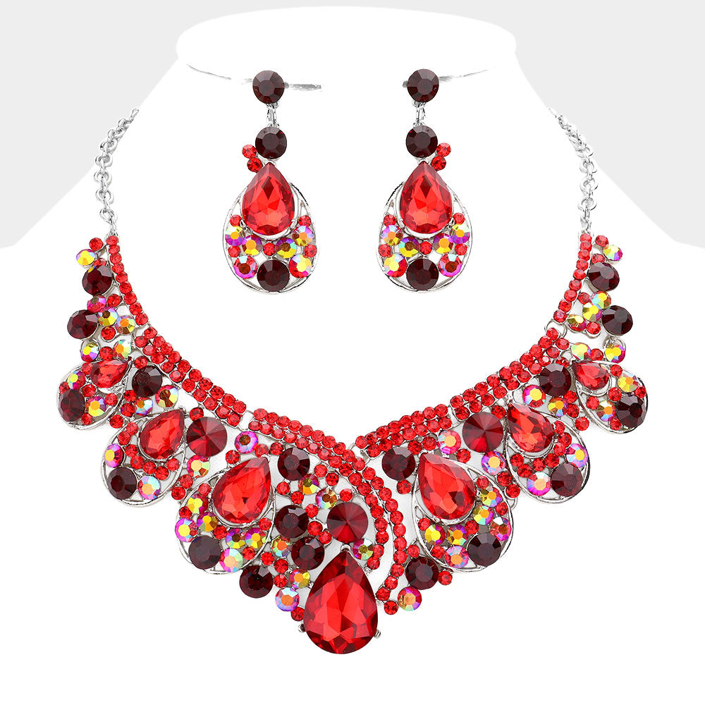 Red AB Crystal Teardrop Pageant Necklace Set | Prom Necklace Set