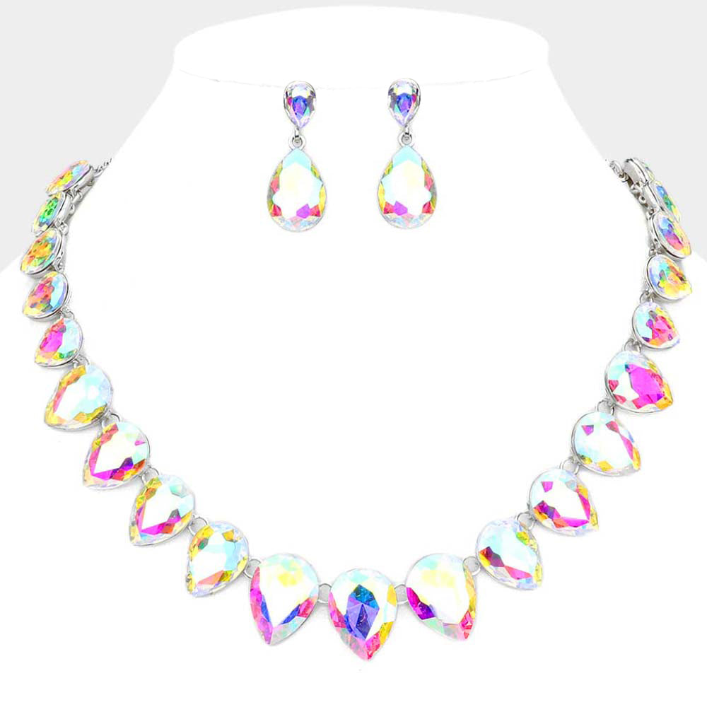 AB Crystal Teardrop Stone Link Pageant Necklace  | Evening Necklace