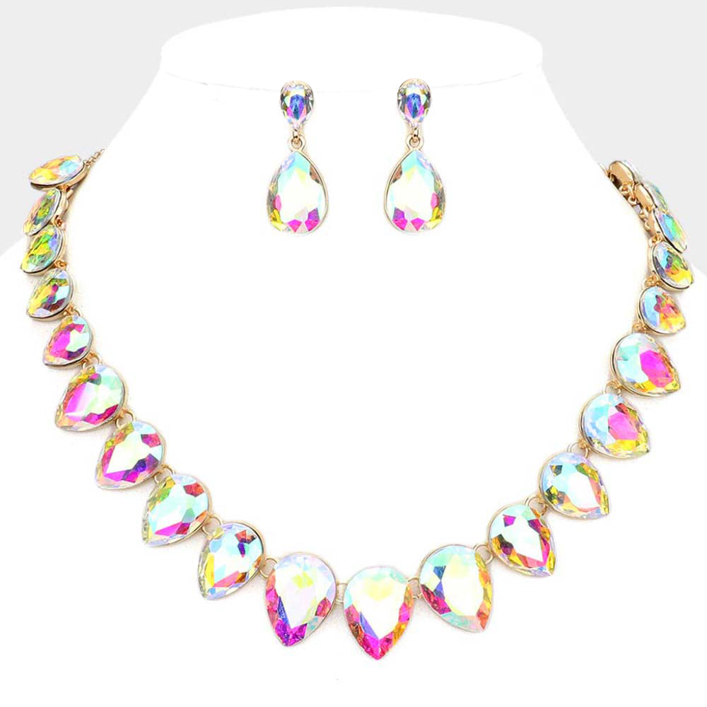 AB Crystal Teardrop Stone Link Pageant Necklace on Gold | Evening Necklace