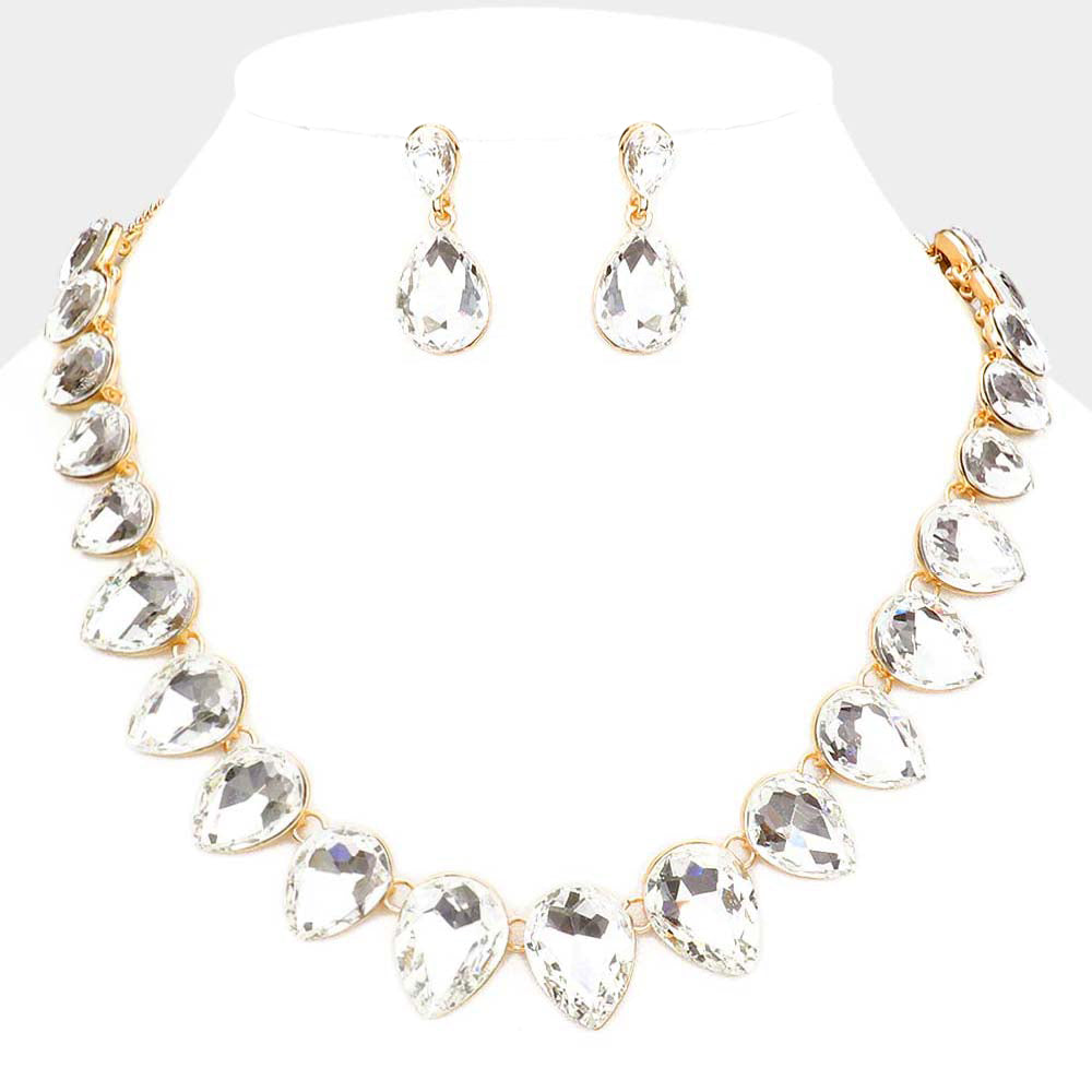 Clear Crystal Teardrop Stone Link Pageant Necklace on Gold | Evening Necklace