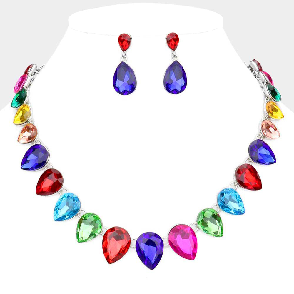 Multi-Color Crystal Teardrop Stone Link Pageant Necklace  | Evening Necklace 