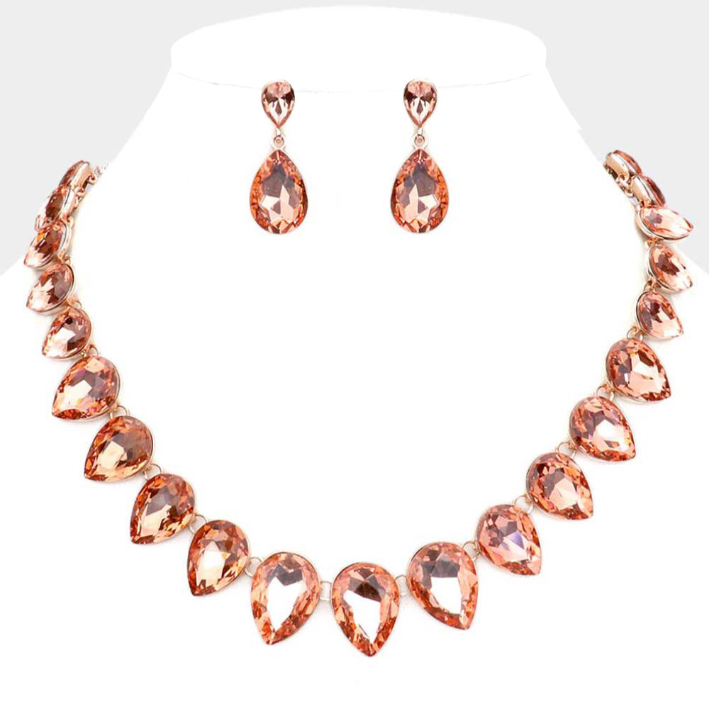Peach Crystal Teardrop Stone Link Pageant Necklace  | Evening Necklace