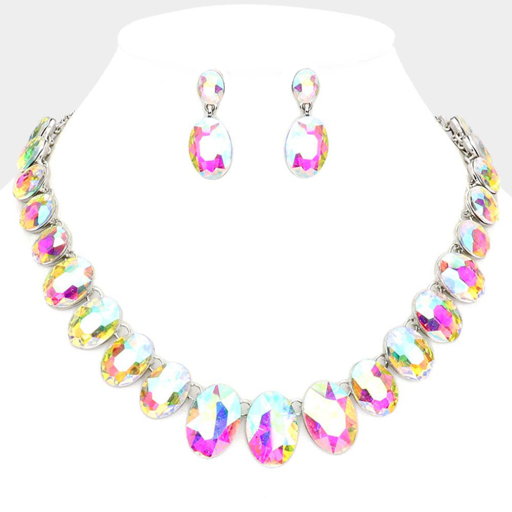 AB Oval Stone Link Pageant Necklace Set | Prom Jewelry | Evening Jewelry