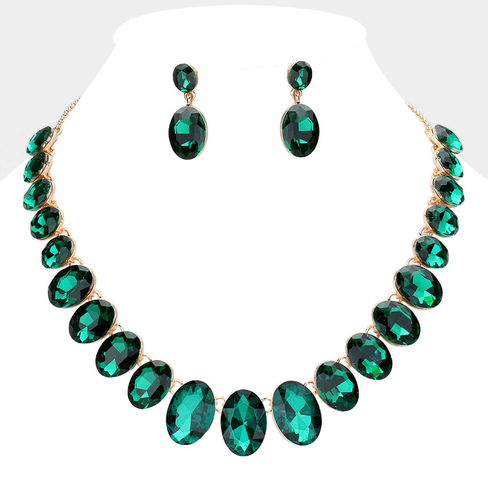 Emerald Oval Stone Link Pageant Necklace Set | Prom Jewelry | Evening Jewelry