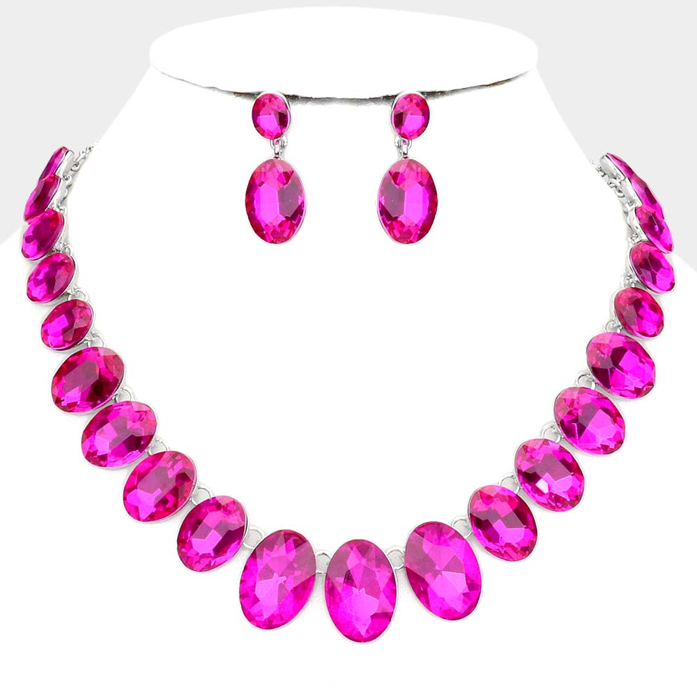 Fuchsia Oval Stone Link Pageant Necklace Set Prom Jewelry