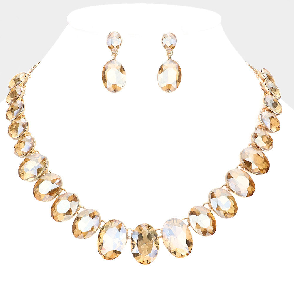 Light Topaz Oval Stone Link Pageant Necklace Set  | Prom Jewelry | Evening Jewelry