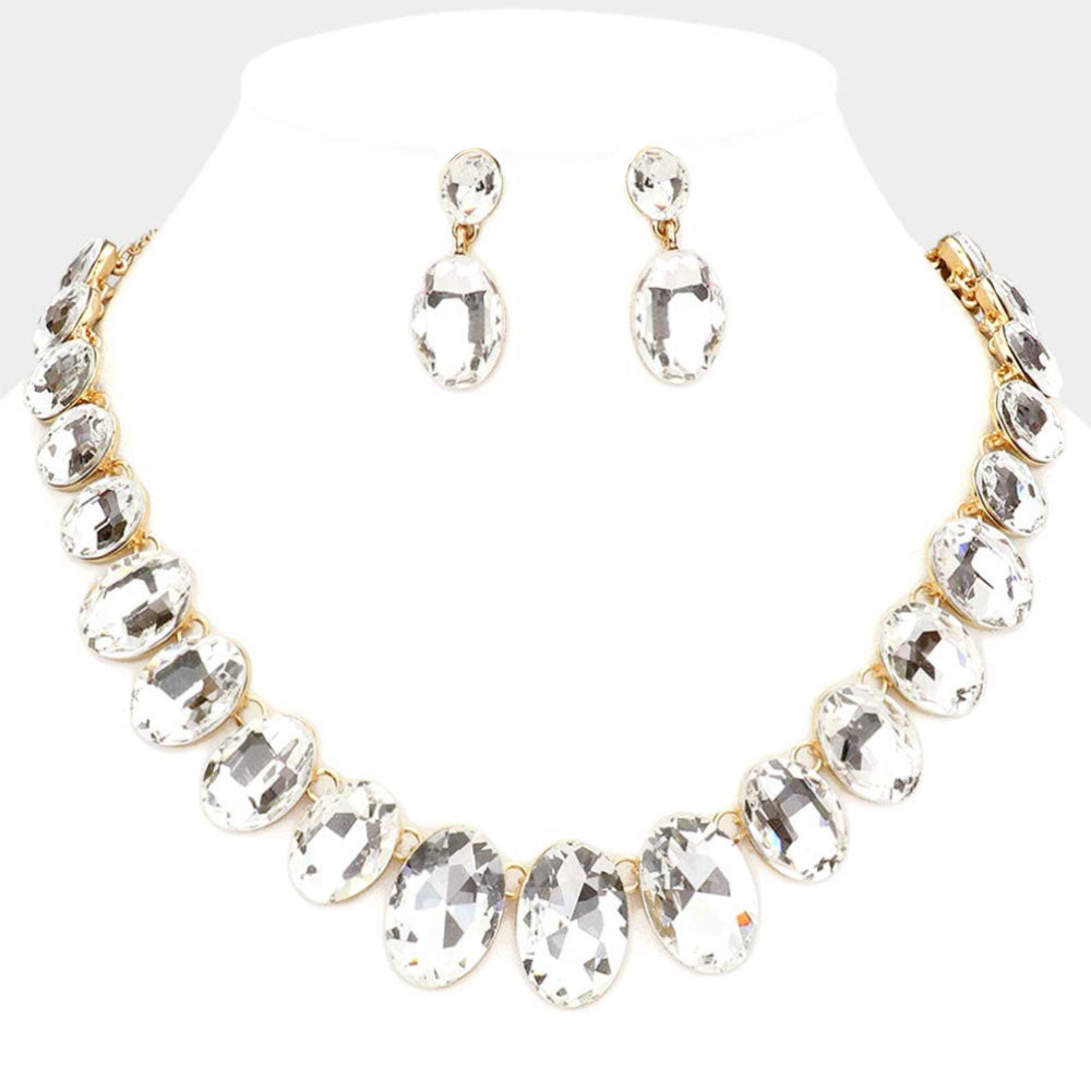 Clear Oval Stone Link Pageant Necklace Set on Gold | Prom Jewelry | Evening Jewelry