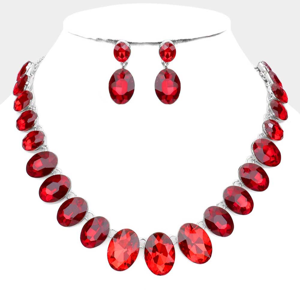 Red Oval Stone Link Pageant Necklace Set | Prom Jewelry | Evening Jewelry