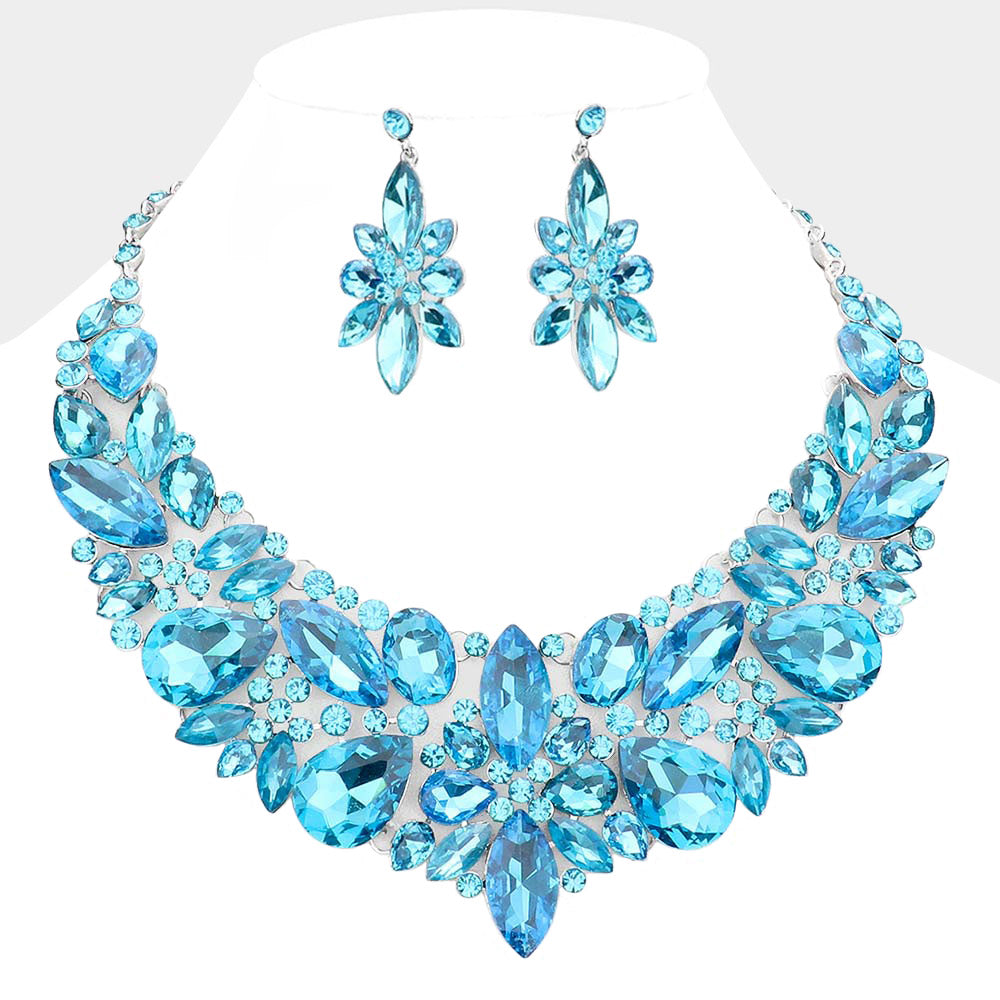 Aqua Multi Stone Evening Necklace Set | Statement Jewelry | Special Occasion Crystal  Necklace