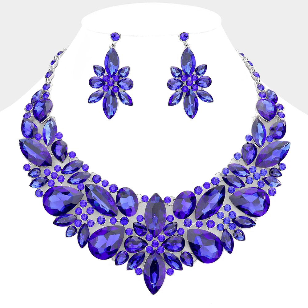 Blue Multi Stone Evening Necklace Set | Statement Jewelry | Special Occasion Crystal  Necklace