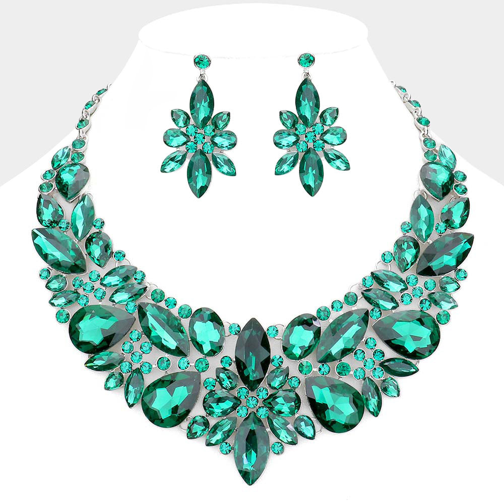 Emerald Multi Stone Evening Necklace Set | Statement Jewelry | Special Occasion Crystal  Necklace