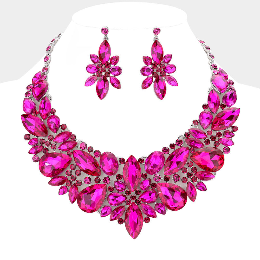 Fuchsia Multi Stone Evening Necklace Set | Statement Jewelry | Special Occasion Crystal  Necklace