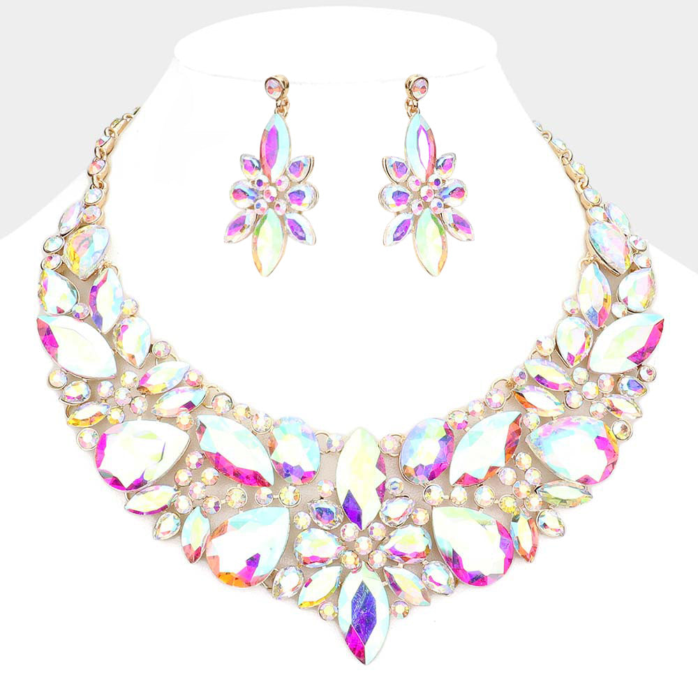 AB Multi Stone Evening Necklace Set on Gold| Statement Jewelry | Special Occasion Crystal  Necklace