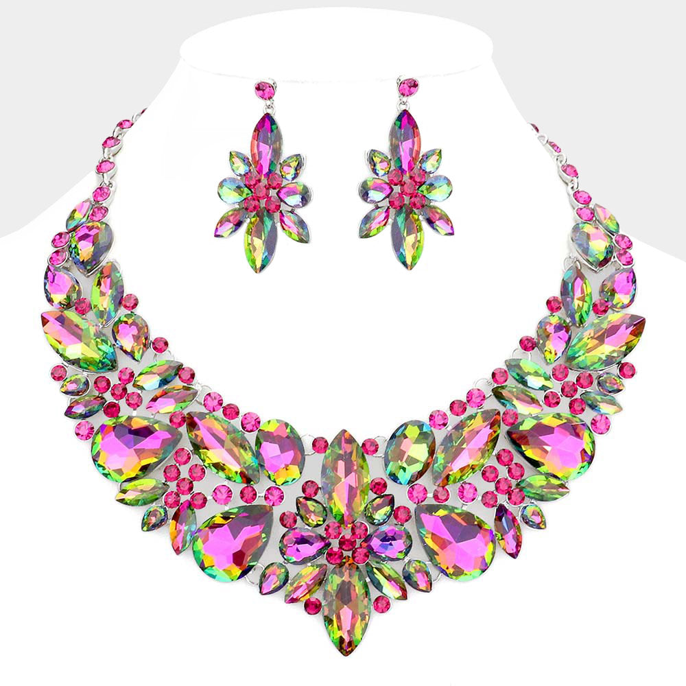 Multi-Color Multi Stone Evening Necklace Set | Statement Jewelry | Special Occasion Crystal  Necklace