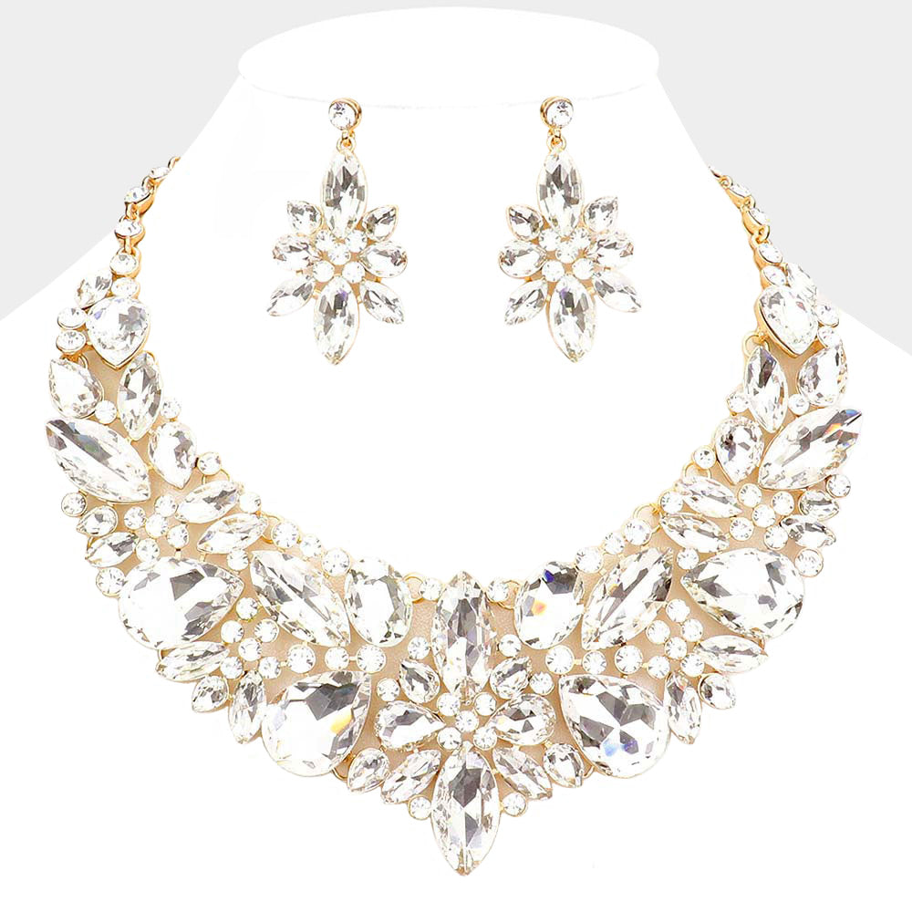 Clear Multi Stone Evening Necklace Set on Gold| Statement Jewelry | Special Occasion Crystal  Necklace