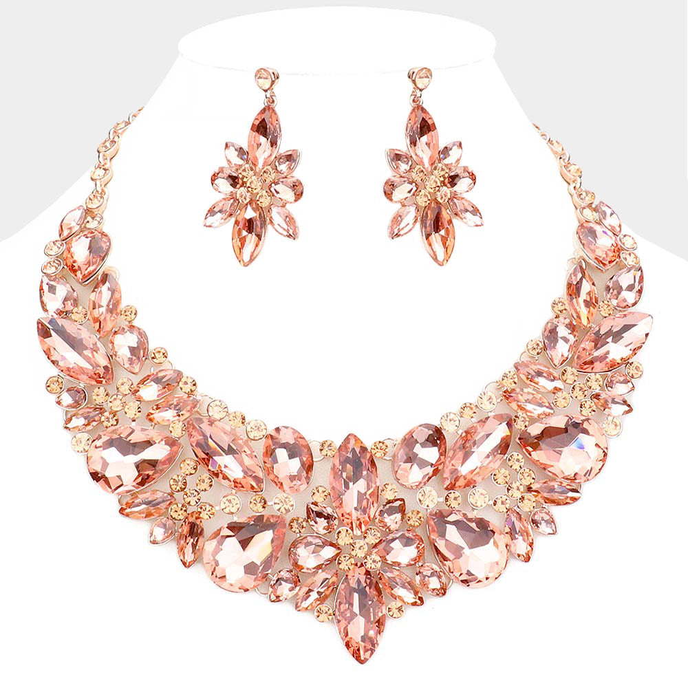Peach Multi Stone Evening Necklace Set | Statement Jewelry | Special Occasion Crystal  Necklace