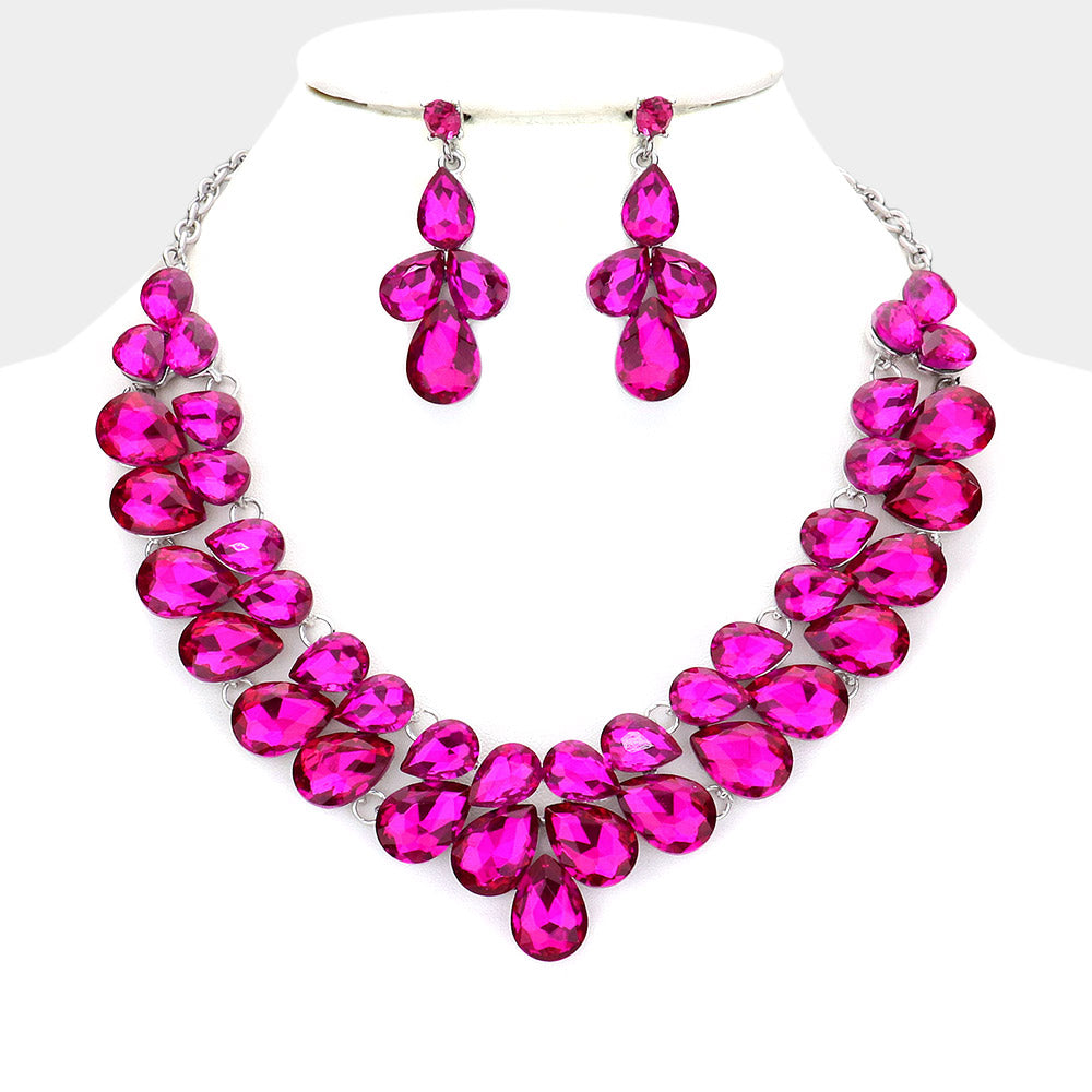 Fuchsia Crystal Teardrop Cluster Prom Necklace   | Pageant Necklace