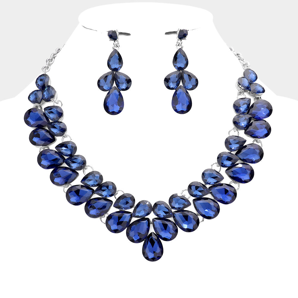 Navy Crystal Teardrop Cluster Prom Necklace   | Pageant Necklace