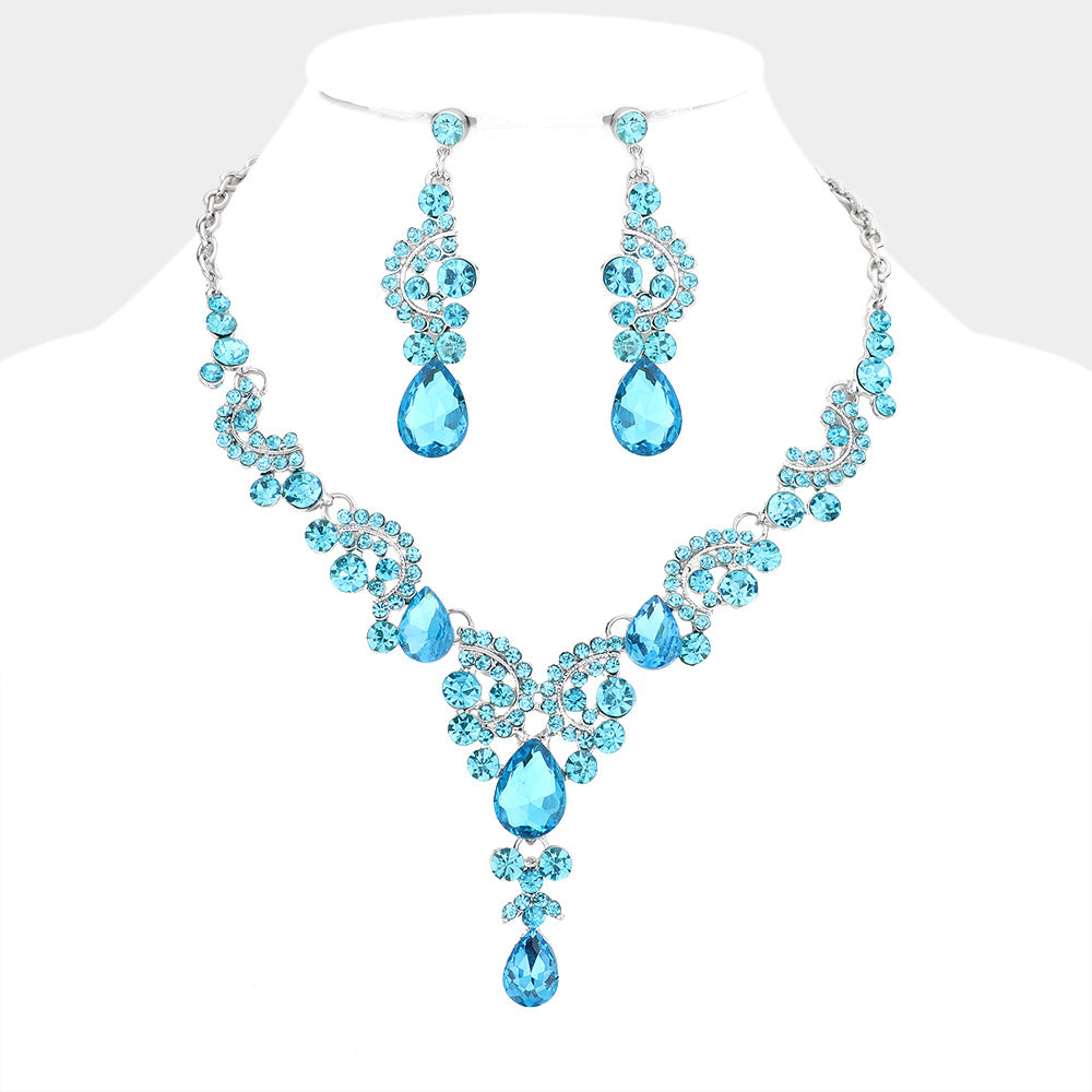 Aqua Teardrop Stone Prom Necklace Set | Statement Jewelry