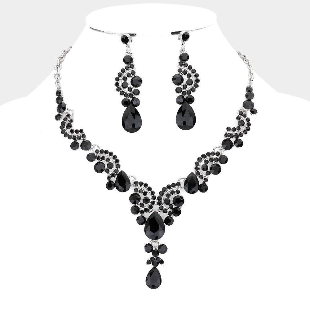 Black Teardrop Stone Prom Necklace Set | Statement Jewelry