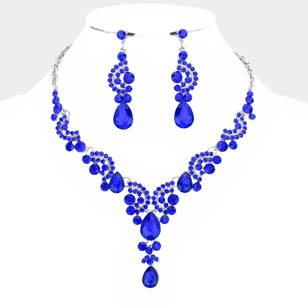 Royal Blue Teardrop Stone Prom Necklace Set | Statement Jewelry