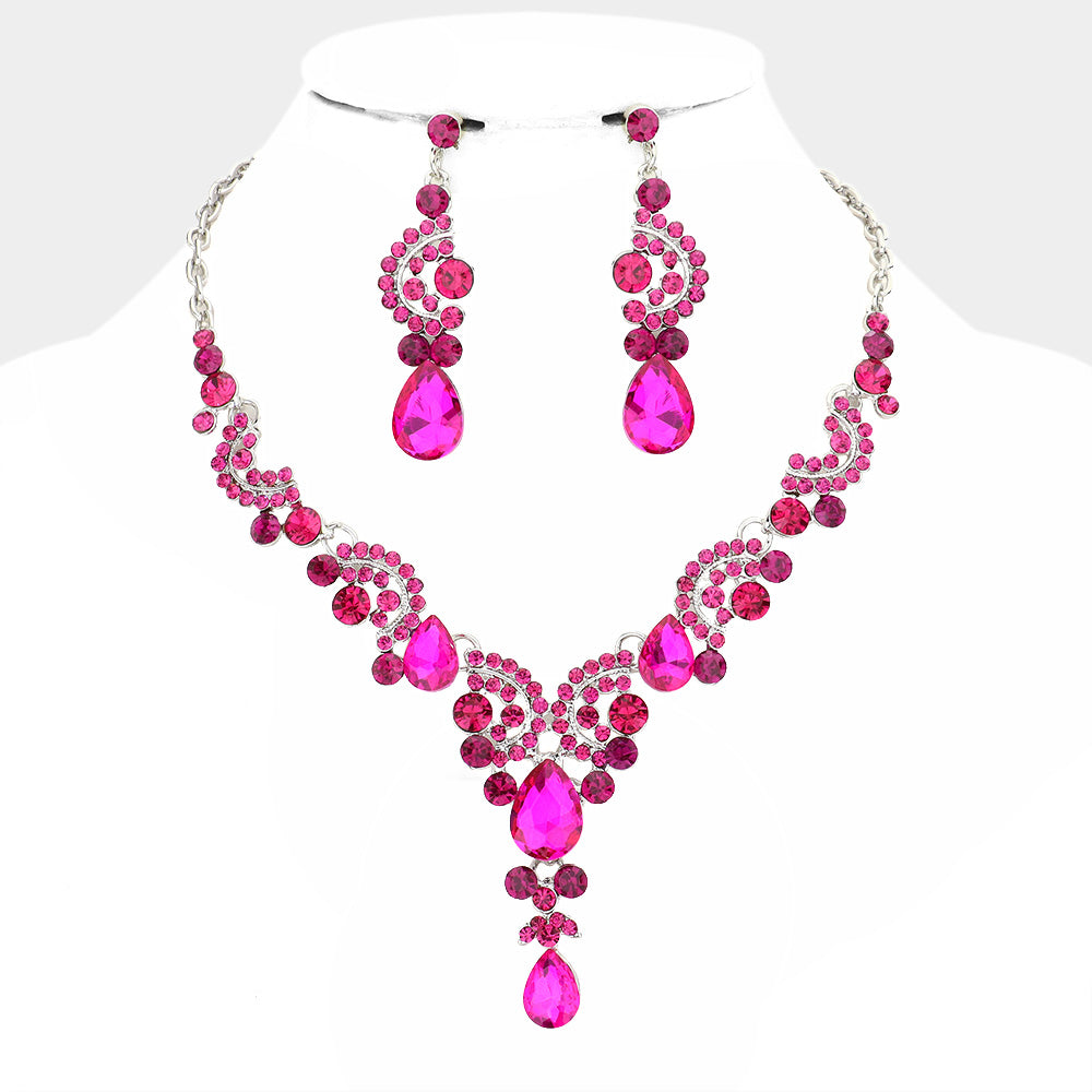 Fuchsia Teardrop Stone Prom Necklace Set | Statement Jewelry