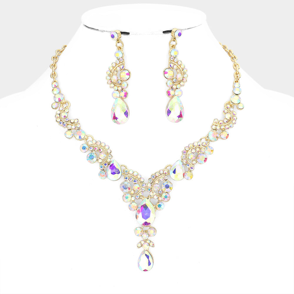 AB Teardrop Stone Prom Necklace Set on Gold | Statement Jewelry